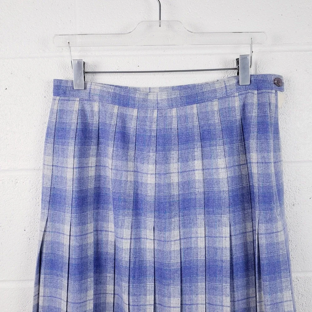 Vintage Pendleton Midi Skirt Periwinkle Blue Plaid Pleated Wool Womens 14